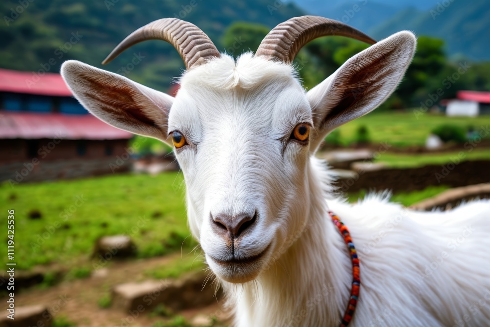 there is a goat with horns standing in a field with a mountain in the background there is a goat with horns standing in a field with a mountain in the background