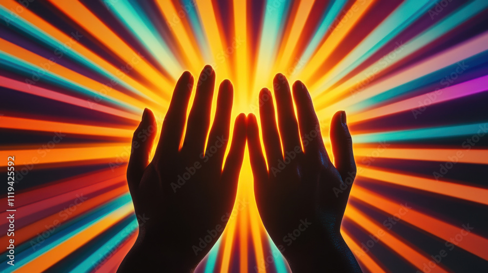 Silhouetted hands reaching towards vibrant, colorful light rays, evoking energy and connection Silhouetted hands reaching towards vibrant, colorful light rays, evoking energy and connection