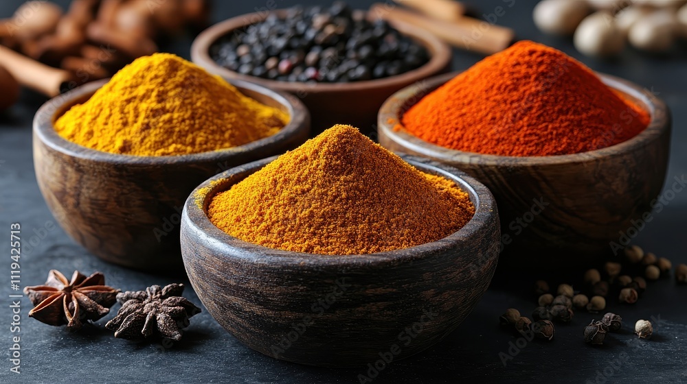 Traditional Display of Colorful Spices in Ceramic Bowls Traditional Display of Colorful Spices in Ceramic Bowls