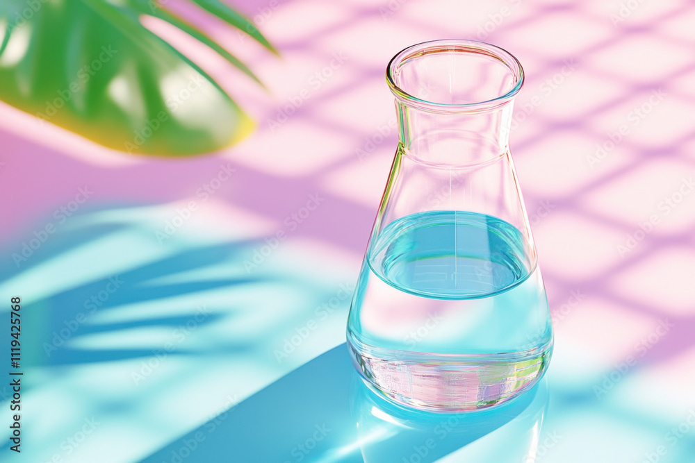 glass flask with blue liquid on colorful surface, featuring tropical leaves and soft shadows
