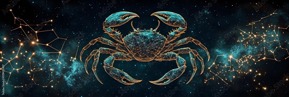 Cancer constellation visualized in a geometric art style, with the stars forming a crab outlined by sharp, angular patterns Cancer constellation visualized in a geometric art style, with the stars forming a crab outlined by sharp, angular patterns