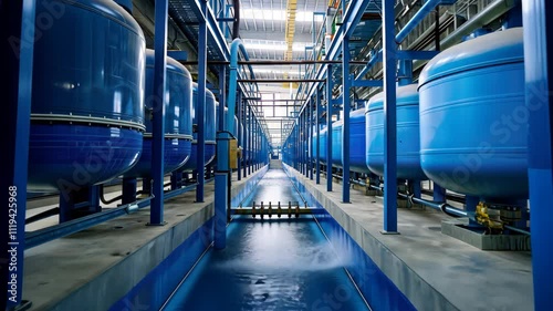 Industrial Water Treatment Plant: Blue Tanks and Pipes