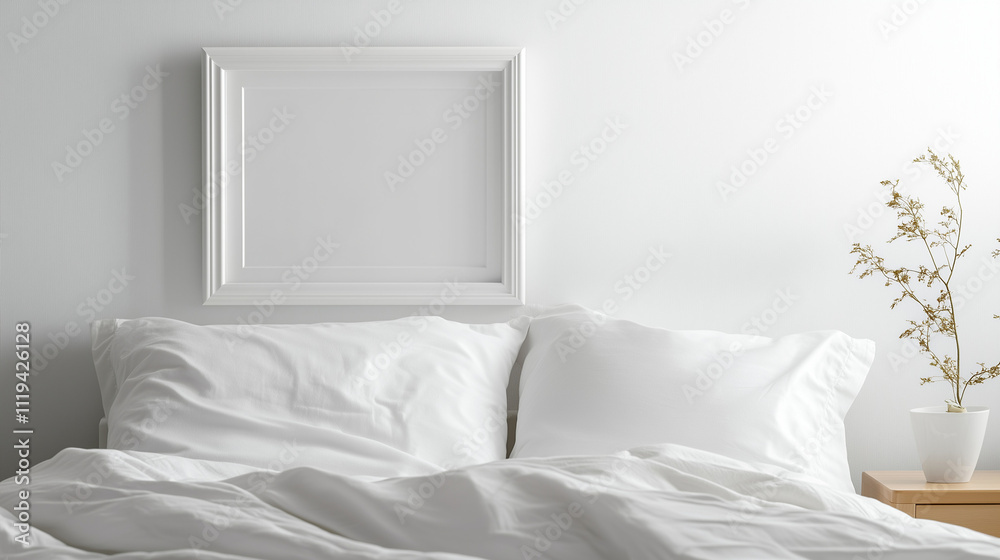 Letto con appesa sulla parete una cornice vuota. Spazio per testo o messaggio o immagine. Letto con appesa sulla parete una cornice vuota. Spazio per testo o messaggio o immagine.