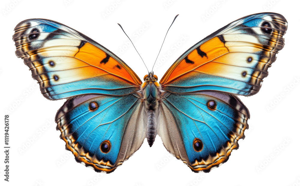 Fototapeta premium Colorful butterfly with orange and blue wings on transparent background, detailed natural beauty, entomology concept