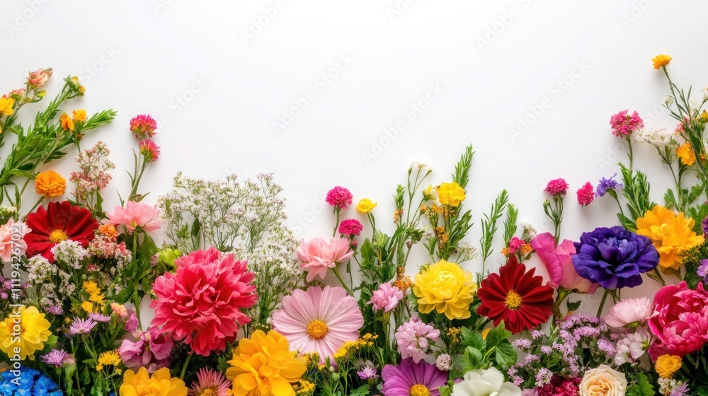 Obraz premium A bouquet of fresh spring flowers in vivid colors arranged against a clean white backdrop, with space for text around the floral arrangement.