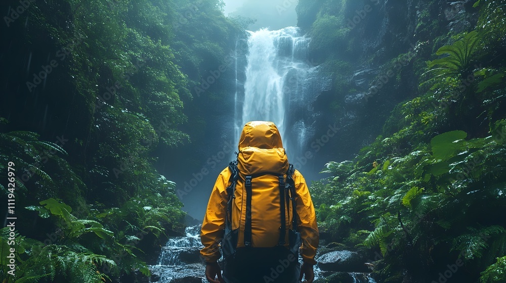 A man wearing a yellow jacket and backpack is standing in front of a waterfall