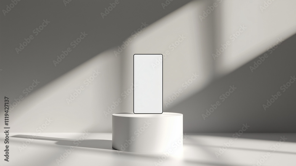 smartphone with blank white screen standing tall on white cylindrical podium, soft grey gradient background with product focused lighting, Ai generated images smartphone with blank white screen standing tall on white cylindrical podium, soft grey gradient background with product focused lighting, Ai generated images
