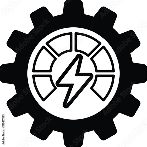 A black and white graphic of a gear with a lightning bolt in the middle
