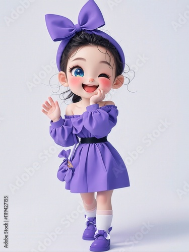 The playful smile of the girl in the purple dress