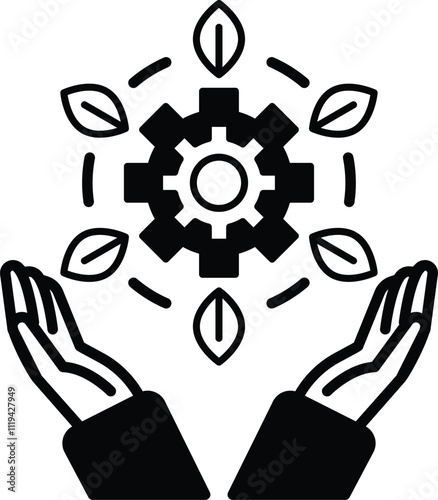 A graphic of two hands holding a gear with leaves surrounding it