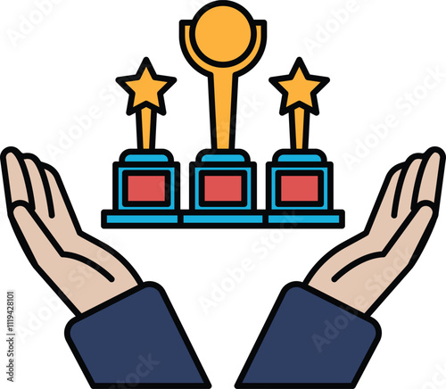 A hand is holding three golden trophies