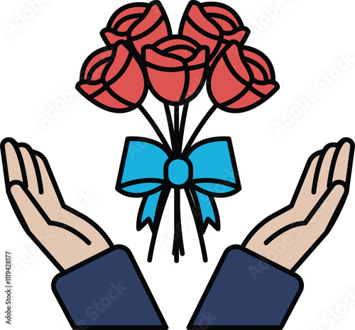 A bouquet of red roses is being held by two hands, symbolizing love