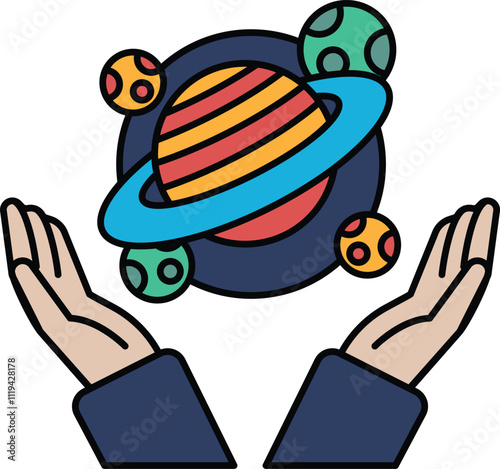 A cartoon drawing of a hand holding a planet