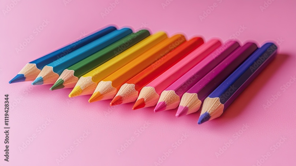 School equipment positioned at an angle, colorful arrangement on a pink background, pastel background, creative ideas, colorful pencils, and art supplies School equipment positioned at an angle, colorful arrangement on a pink background, pastel background, creative ideas, colorful pencils, and art supplies