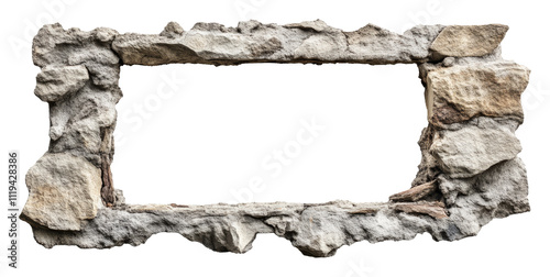 Rustic stone frame with rough texture and empty center, isolated on transparent background. Vintage design and architectural element concept