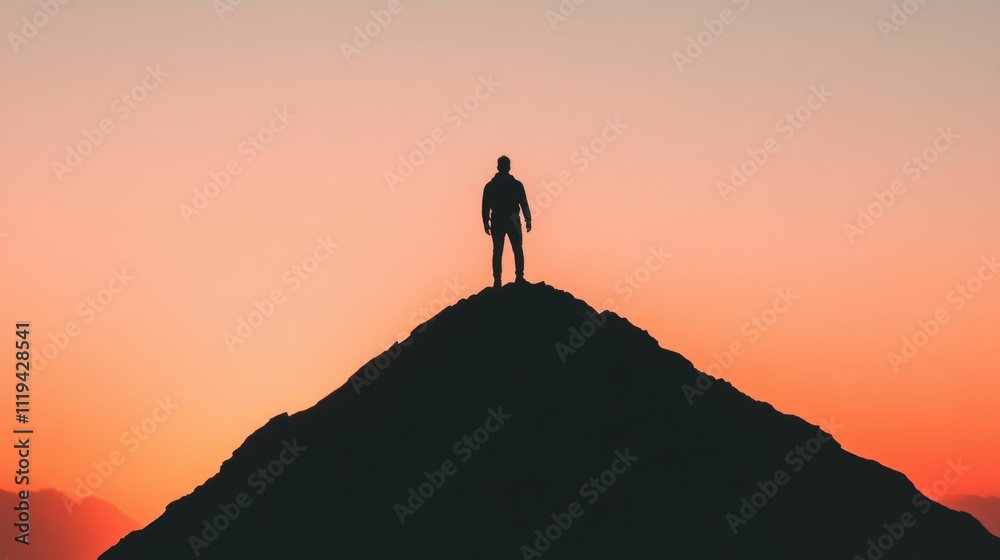 Silhouetted figure of a person standing on the summit of a mountain against a vibrant sunset sky This image represents the concepts of empowerment personal growth Silhouetted figure of a person standing on the summit of a mountain against a vibrant sunset sky This image represents the concepts of empowerment personal growth