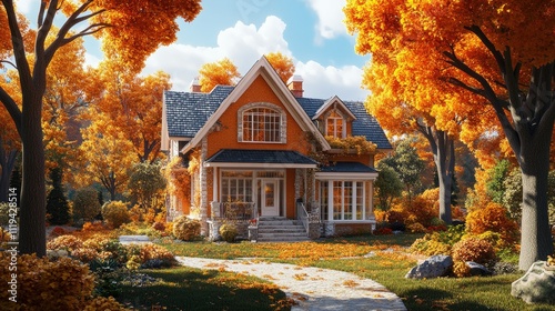 Charming orange house nestled in vibrant autumn foliage.