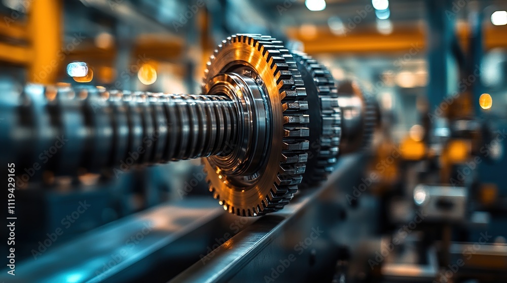Industrial Machinery Close-up: Precision Gears and Screw Mechanism in a Factory Setting Industrial Machinery Close-up: Precision Gears and Screw Mechanism in a Factory Setting