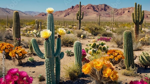 Blooming Desert Cactus Flowers And Mountain Landscape photo