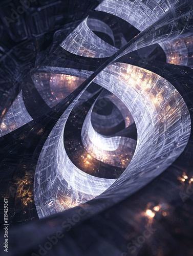 A contemporary digital artwork featuring an abstract, infinite loop design with detailed geometric patterns, softly illuminated by LED lights to evoke depth and continuity.