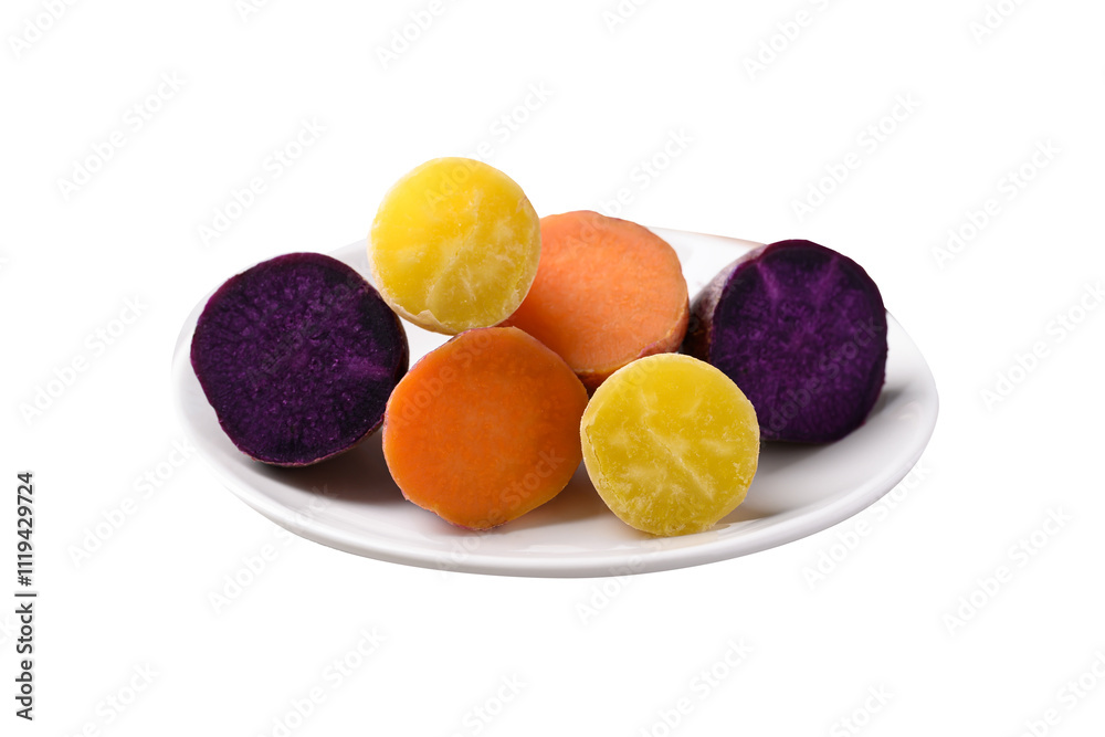 Steamed purple, orange and yellow sweet potatoes on plate ready to eating Steamed purple, orange and yellow sweet potatoes on plate ready to eating