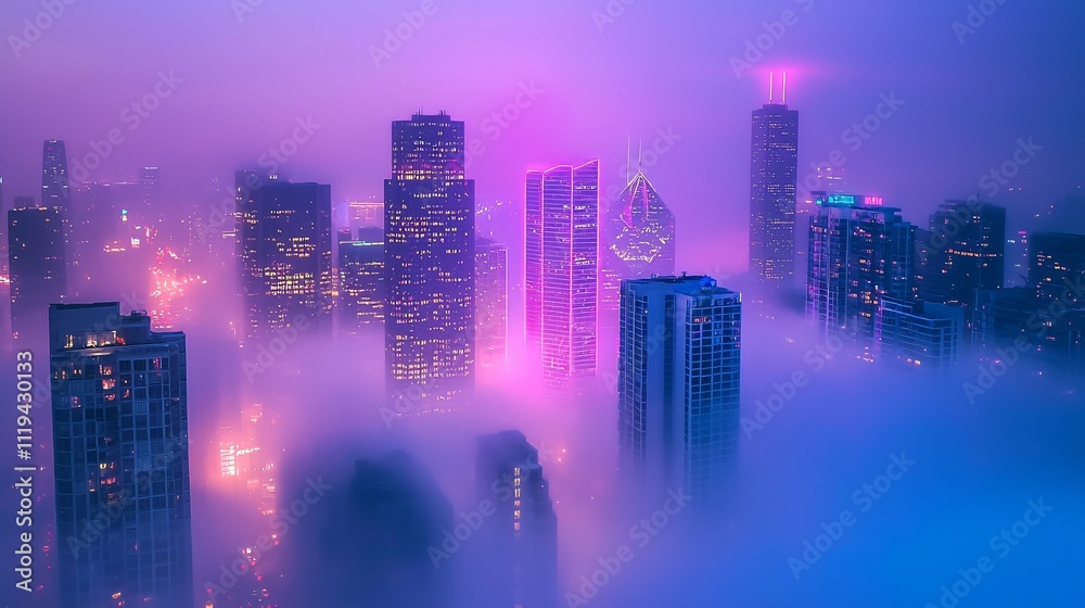 A radiant fog shrouds a city street at dawn, casting an enchanting glow on the wet pavement and enhancing the mystical ambiance.