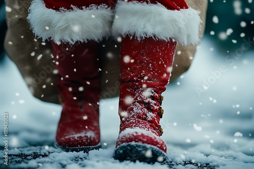 A Close-Up of Santa's Red Boots Crunching Through Snow photo