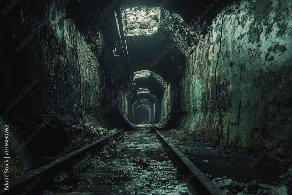 Naklejka premium Abandoned coal mine ventilation tunnel interior slung derelict forsaken outcast