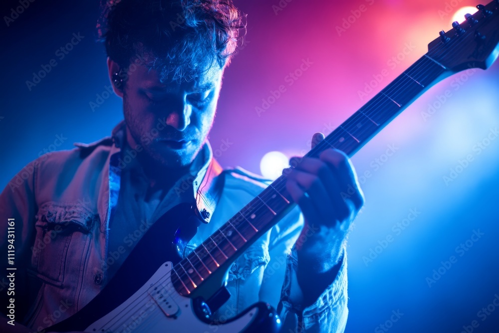 Obraz premium A guitarist immersed in music under vibrant stage lights. The mood is electric and dynamic. A perfect fit for concert photography and music lovers. Generative AI