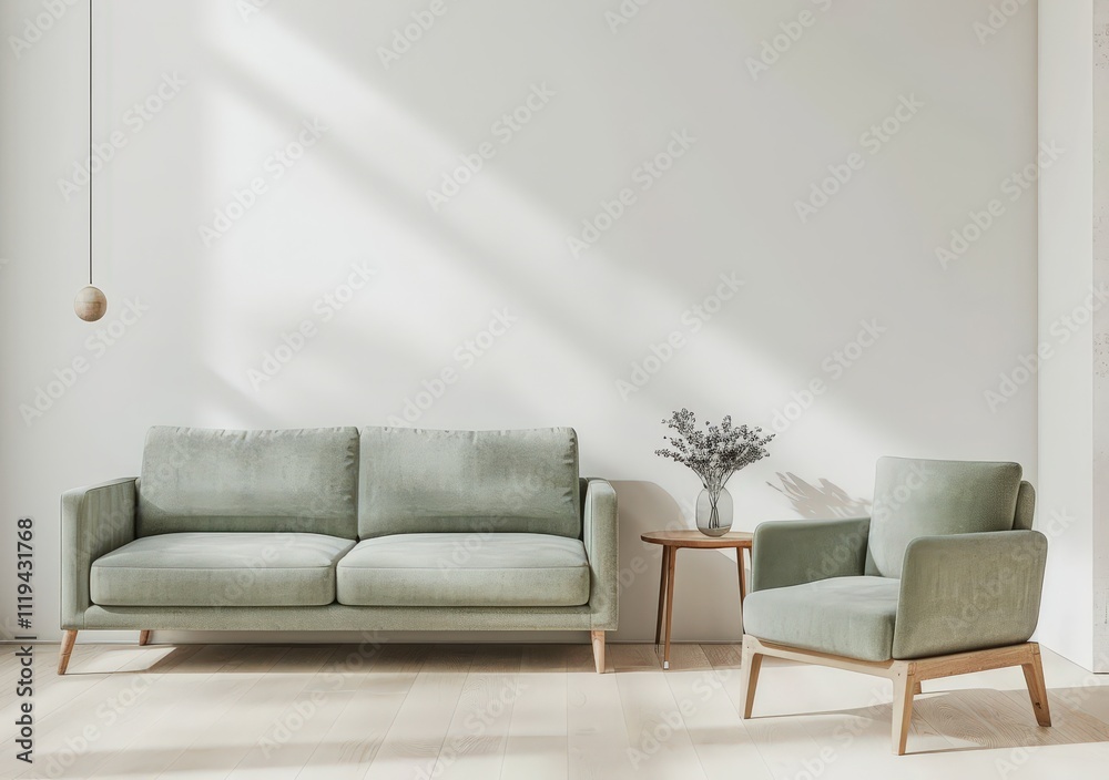 Minimalist living room interior with a green sofa. armchair. and a side table with a vase of dried flowers. set against a white wall with natural light streaming through a window Minimalist living room interior with a green sofa. armchair. and a side table with a vase of dried flowers. set against a white wall with natural light streaming through a window