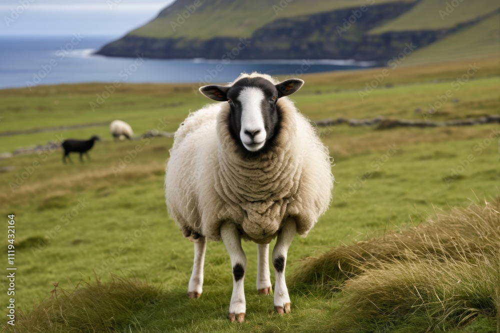 Fototapeta premium there is a sheep standing on a hill with a body of water in the background