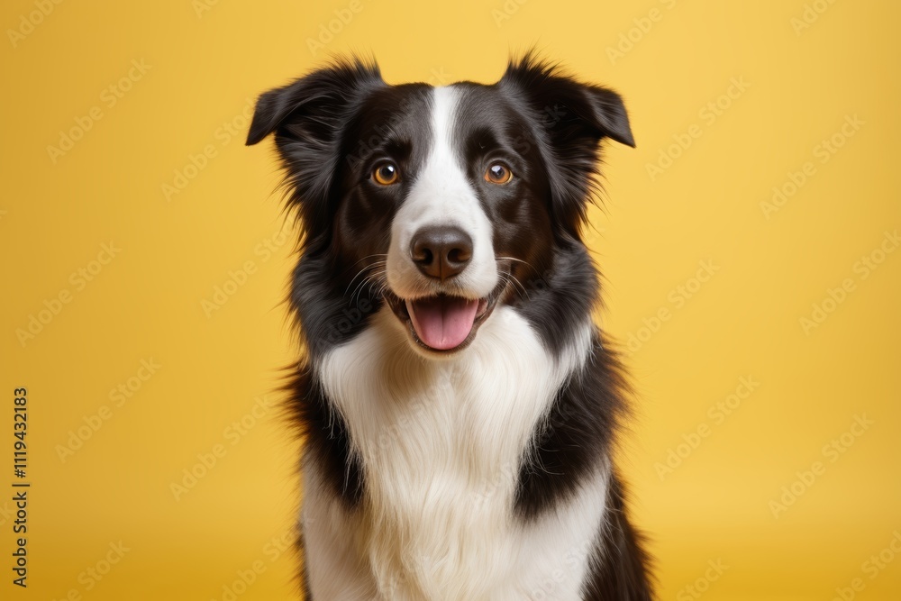 Fototapeta premium there is a black and white dog sitting on a yellow background