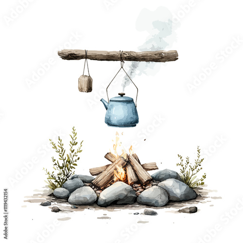 Campfire Kettle: Watercolor painting of a cozy campfire scene with a blue kettle hanging above the flames, tea bag, and small plants. perfect for relaxation and nature themes 