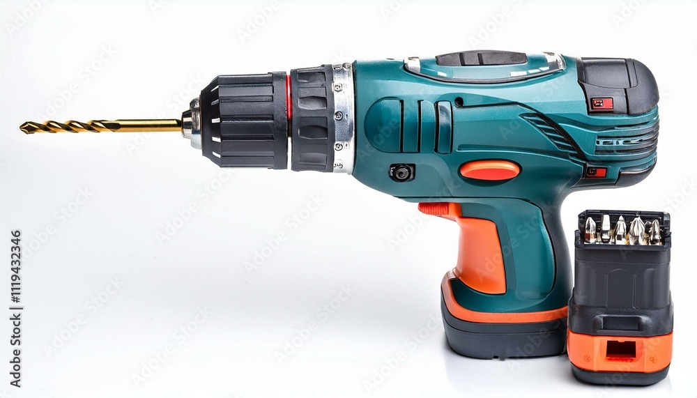 A cordless electric drill with a battery attached on a white background. A cordless electric drill with a battery attached on a white background.
