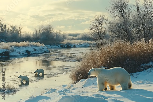 A Family of Polar Bears Playing in a Snowy Landscape photo