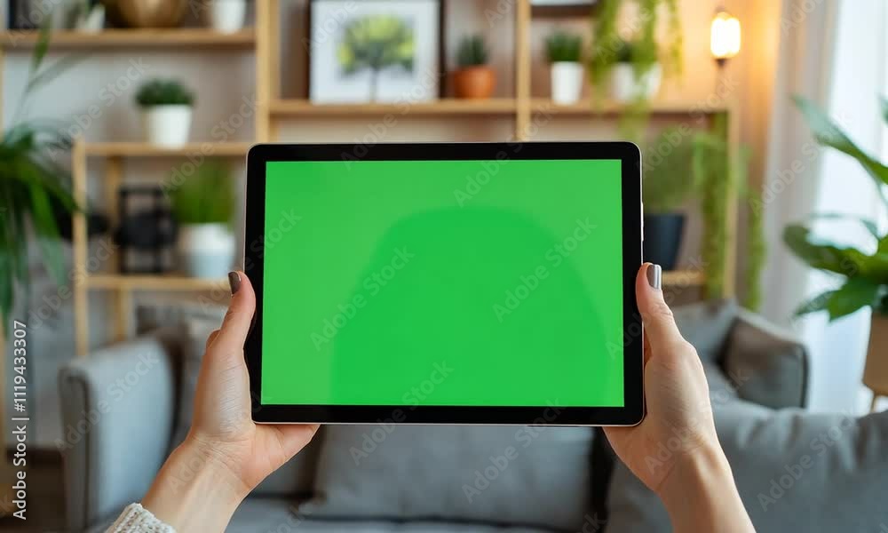 Woman holding tablet with green screen in living room. Woman holding tablet with green screen in living room.