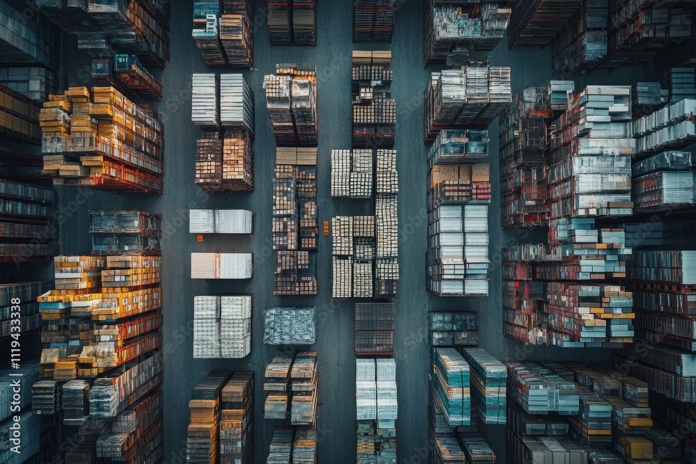 An intricate aerial view of a warehouse filled with colorful boxes and stacks. This image captures the essence of logistics and organization in its vibrant details. Generative AI An intricate aerial view of a warehouse filled with colorful boxes and stacks. This image captures the essence of logistics and organization in its vibrant details. Generative AI
