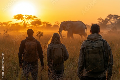 Three wildlife photographers with backpacks walking towards an elephant in the african savanna at sunset, basking in the enchanting golden hour glow photo