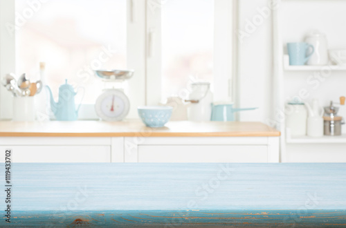 Blue kitchen table background on blur abstract furniture and window sill interior