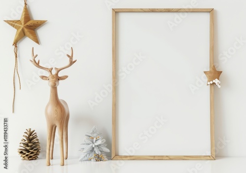 A white wall mockup with a wooden frame. a wooden reindeer. a pine cone. and a star