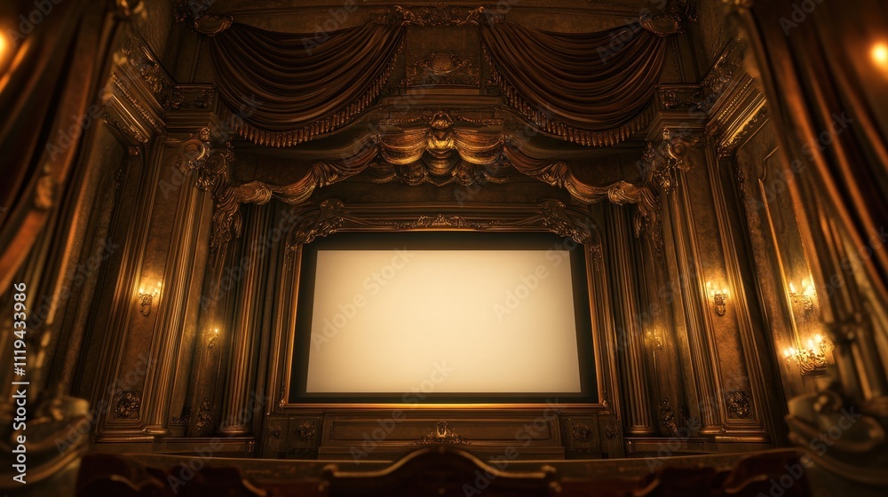 Fototapeta premium Luxurious cinema setup with a blank screen framed by golden-trimmed curtains in a dimly lit room.