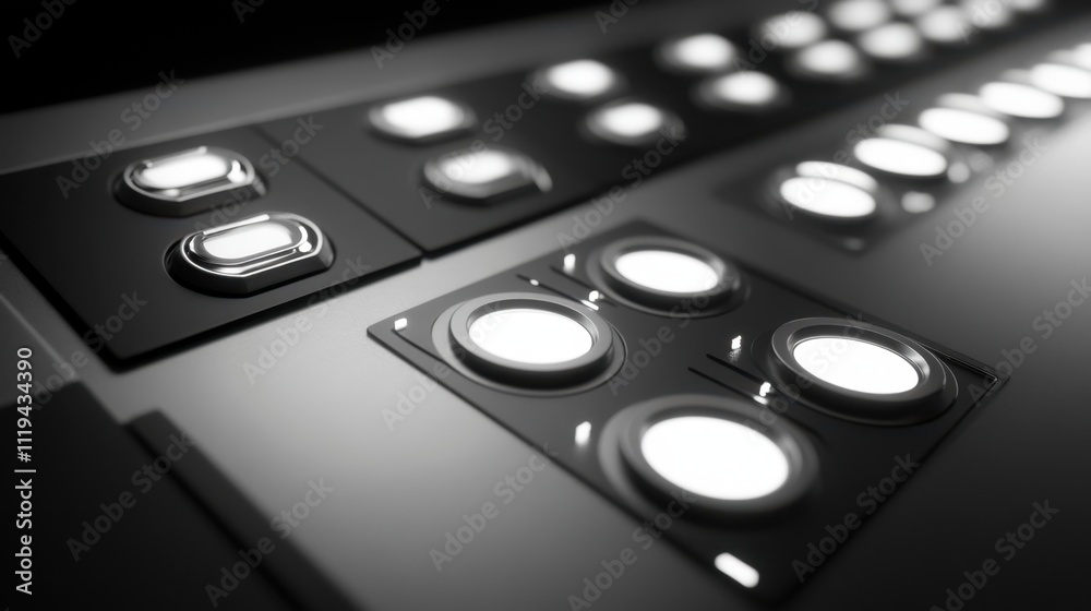 Luxurious silver metallic console with glowing buttons and sleek reflective accents. Luxurious silver metallic console with glowing buttons and sleek reflective accents.