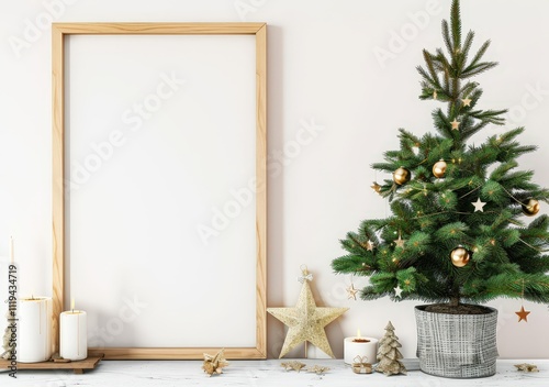 A minimalist Christmas scene with a white framed poster. a small Christmas tree. candles. and gold stars