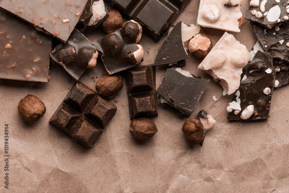 Delicious chocolate of various kinds. New trending colour of the 2025 year Delicious chocolate of various kinds. New trending colour of the 2025 year