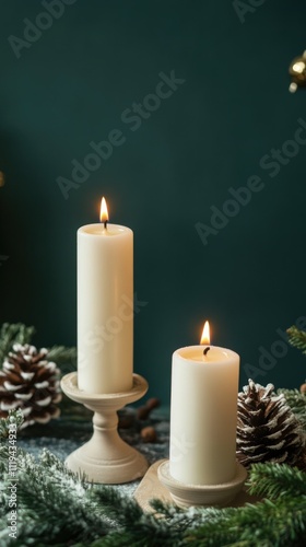 Beautiful Christmas white candles stand on the table on the left with copy space for text on the right. Xmas decor against a rough blue background. New Year's Eve and a holiday miracle. High quality