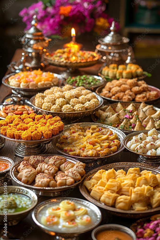 A traditional Diwali feast with various Indian sweets and savory dishes. The table is adorned with colorful decor A traditional Diwali feast with various Indian sweets and savory dishes. The table is adorned with colorful decor