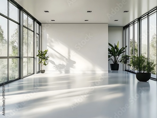 A potted plant sits in the corner of an empty room with a large window and blue walls. Sunlight streams in through the window, casting a warm glow on the wooden floor, Generative Ai photo