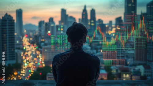 Investor overlooking a bustling city skyline at dusk, financial charts blending into the view