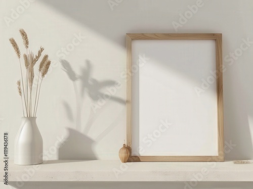 Wooden frame mockup on a shelf with dried flowers and a wooden ornament in a white room with natural light