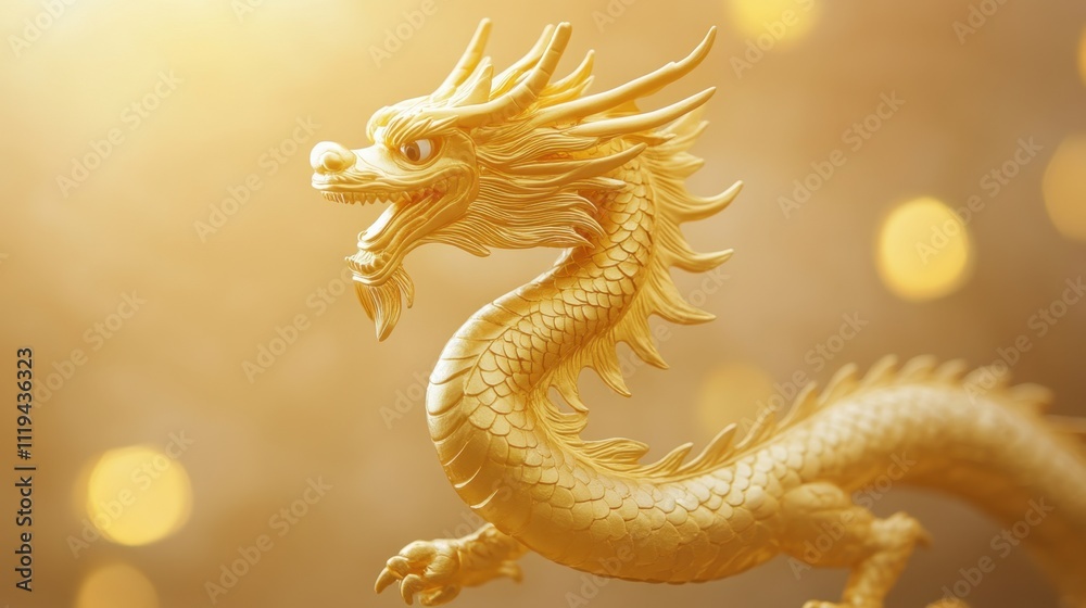 Fototapeta premium Majestic golden dragon hovering on a rich, luminous background for themes of fortune and success.